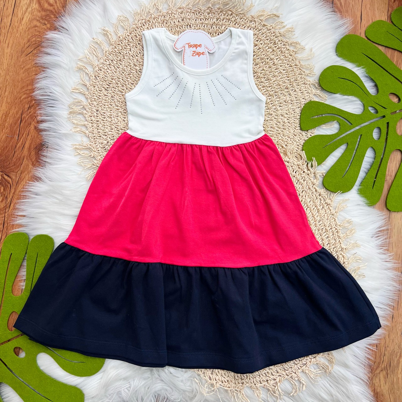 Vestido Três Marias com Brilhos - Off White, Pink e Marinho